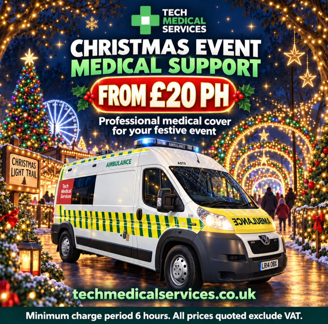 Tech Medical Services Christmas event medical support poster — from £20 per hour, minimum charge period 6 hours, prices exclude VAT